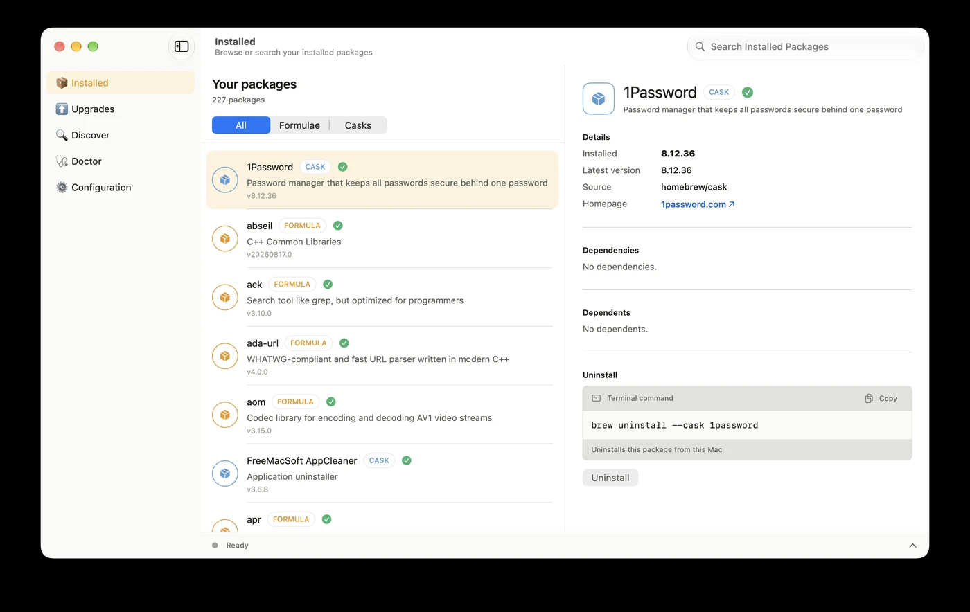 Homebrew 7.0.0で追加されたmacOS用ネイティブアプリ「BrewUI」の画面