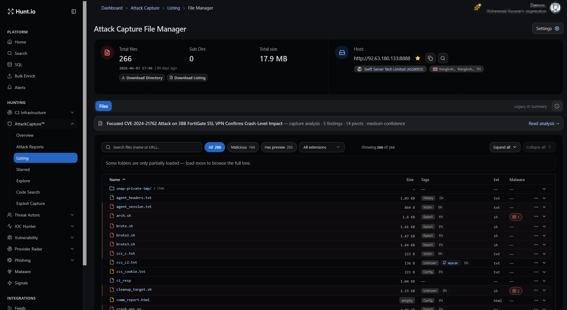 Hunt.ioが公開ディレクトリを検知した画面。92.63.180[.]133:8888に30のサブディレクトリと298ファイル、合計19MBが置かれていたことを示す