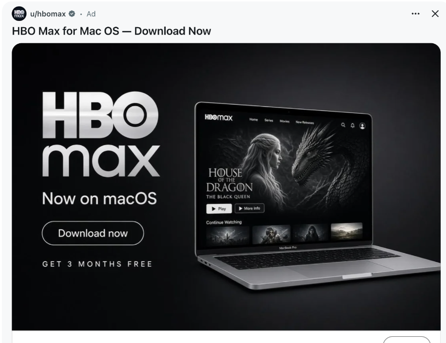 HBO Maxの確認済みRedditアカウントから配信された偽広告のスクリーンショット