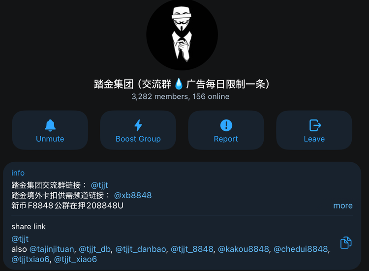 Tajin GroupのTelegramチャンネルが、Xinbi Guaranteeに208,848 USDTを預けたと主張している投稿のスクリーンショット