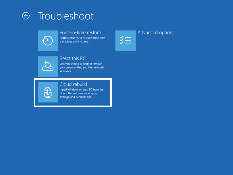 Windows回復環境（WinRE）に追加されたCloud rebuildオプションの画面