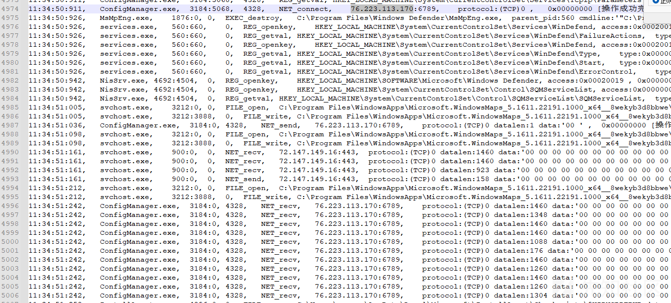 ConfigManager.exeの挙動ログ。外部アドレス76[.]223[.]113[.]170の6789番ポートへの接続や、Windows DefenderのMsMpEng.exeの終了、WinDefendサービスへのレジストリ操作が記録されている